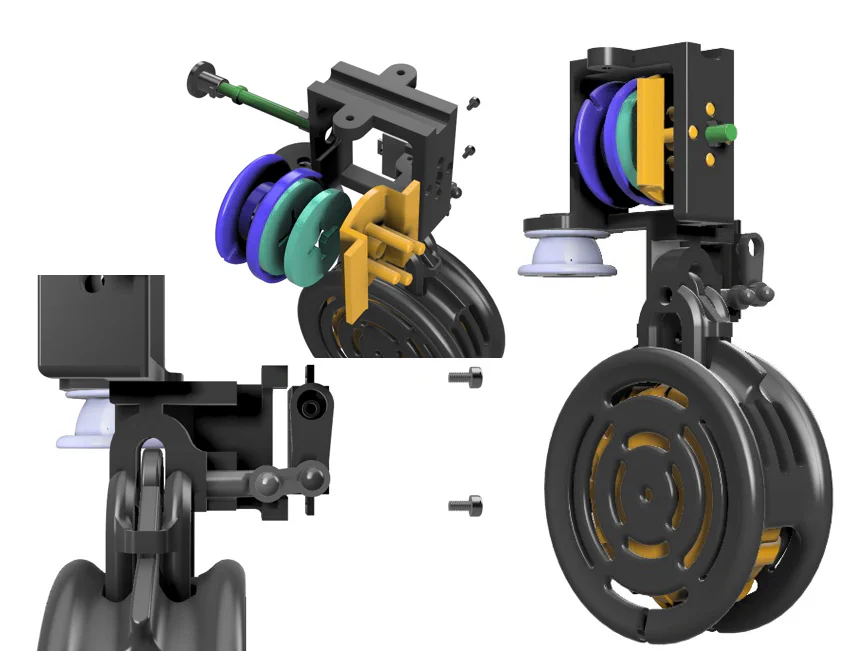 Exploded view of the Air Drop mechanism, including the container and servo actuating mechanism assembly.
